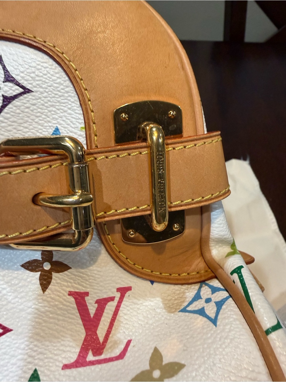 Louis Vuitton White Multicolor Monogram Canvas Shoulder Bag with Tan Trim - Picture 8 of 10